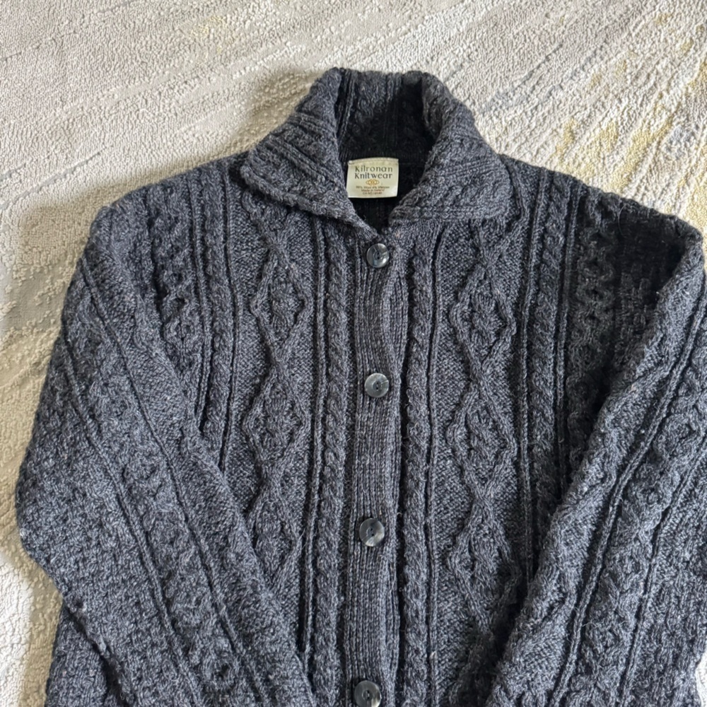 Kilronan gray cable chunky knit sweater cardigan button front Ireland large - Picture 3 of 8